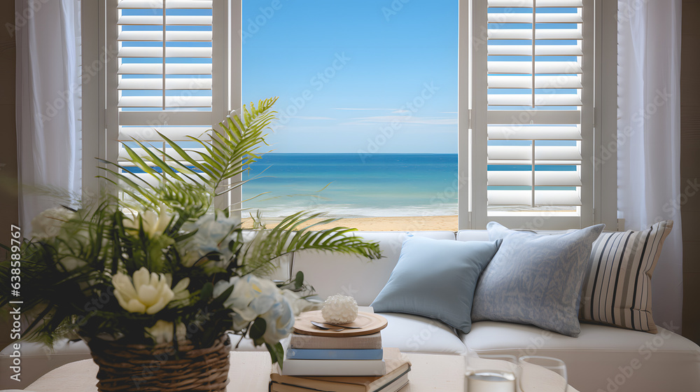 Obraz premium L'intérieur d'un appartement avec une vue sur la mer et la plage. Dans la pièce, il y a un canapé avec des coussins et un vase avec des fleurs.
