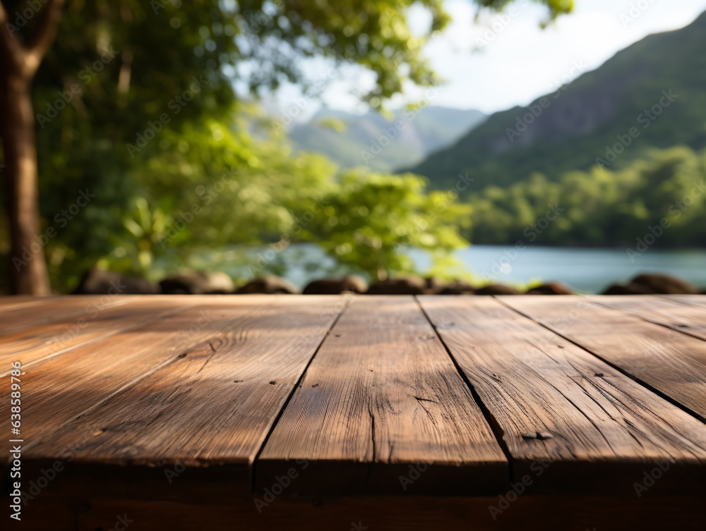 Wooden floor perspective and green forest with ray of light. Wooden floor perspective and green forest with ray of light.