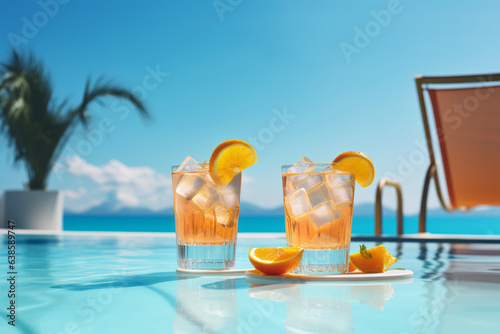 Two glasses with fresh cocktail with ice and sliced orange fruit by the swimming pool. Vacation and travel concept. Tropical resort background.