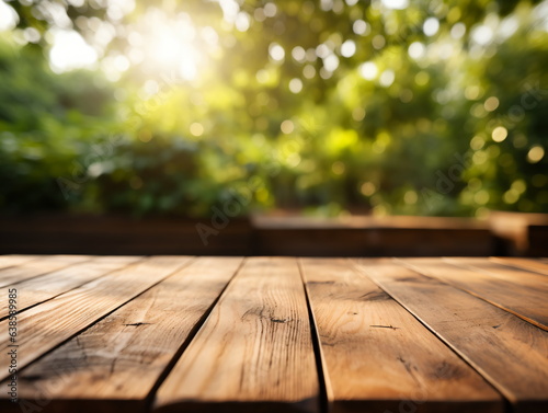 Wooden floor perspective and green forest with ray of light.