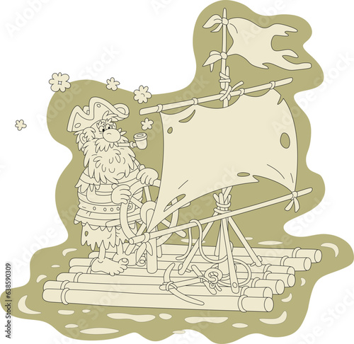 Lonely sea rover floating on a wooden raft with a steering wheel, a shabby sail and a tattered flag after shipwreck, vector cartoon illustration isolated on a white background