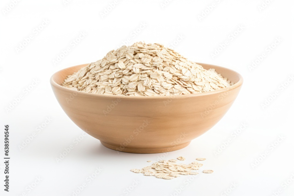 Rolled oats in a bowl on a white background, created by Generative AI Rolled oats in a bowl on a white background, created by Generative AI