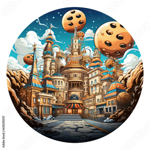 A magical Christmas cookies t-shirt design featuring a cookie-themed amusement park, with cookie roller coasters, Generative Ai