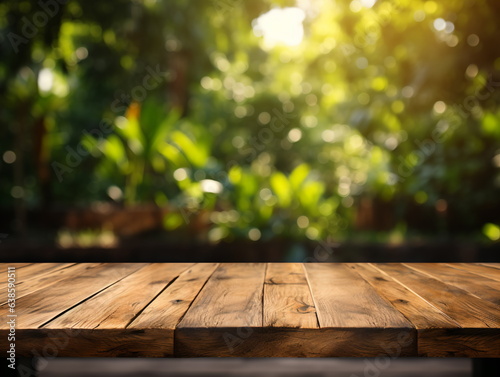 Wooden floor perspective and green forest with ray of light.