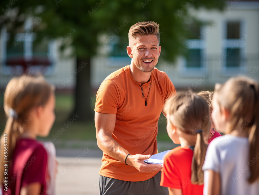 Fototapeta premium Coach Giving Team Talk To Elementary School Basketball Team