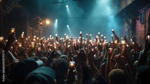 A crowd of people at a live event, concert or party holding hands and smartphones up. Generative AI