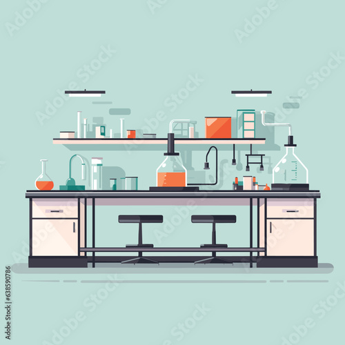 Working Lab Bench in Scientific Laboratory Show Equipment with Test Tube and Flask Accents in Flat Graphic Style 
