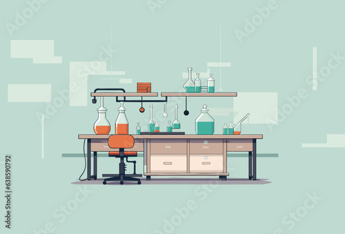 Working Lab Bench in Scientific Laboratory Show Equipment with Test Tube and Flask Accents in Flat Graphic Style 