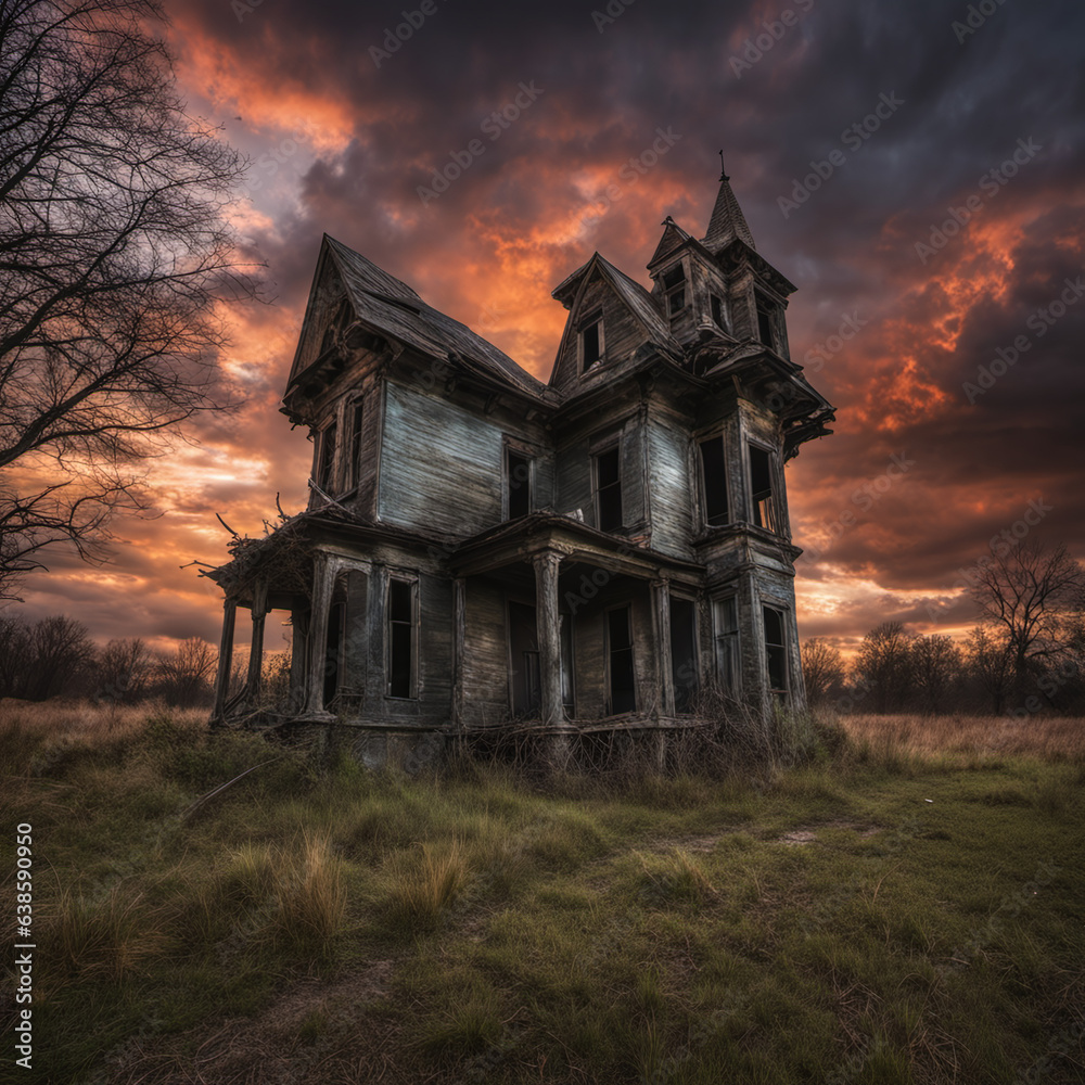 Eerie Charm: Haunted House Against a Fading Field as the Sky Transforms in Brilliant Hues
