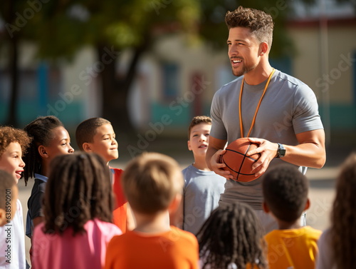 Coach Giving Team Talk To Elementary School Basketball Team photo