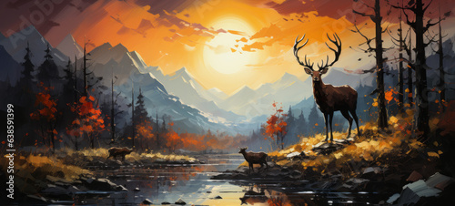 Splashes of bright paint on the canvas. mountain forest Landscape with golden sun and golden deer.generative ai photo