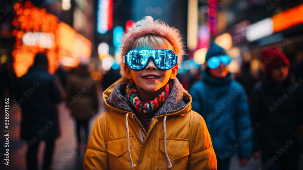 Boy with futuristic VR set, standing in the middle of busy Asian street.
