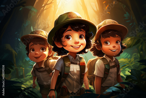 Fototapeta Naklejka Na Ścianę i Meble -  vector art of Explorer kids in the jungle wide angle lens realistic lighting white,generative ai