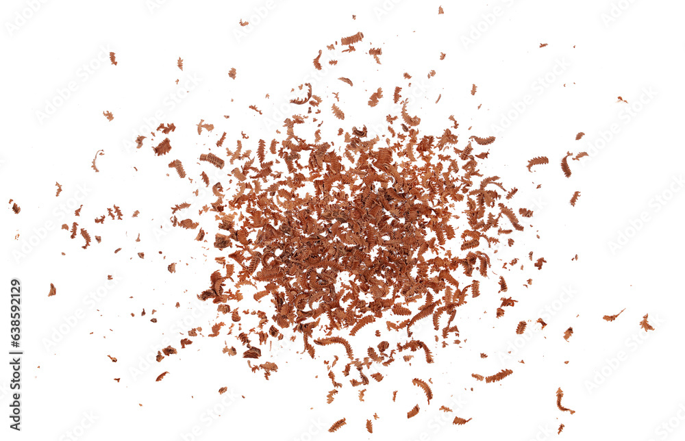 Pile scraped, milled chocolate shavings isolated on white, top view