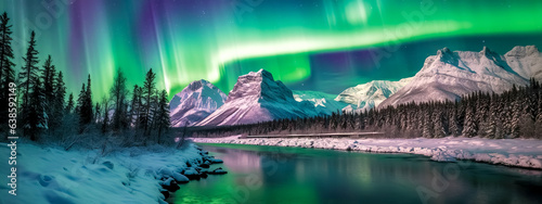 northern lights in the sky above mountain landscape with river, banner