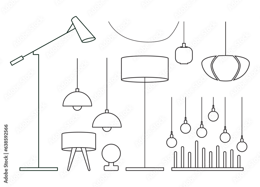 Vector set of different types of indoor lighting pendant, ceiling light