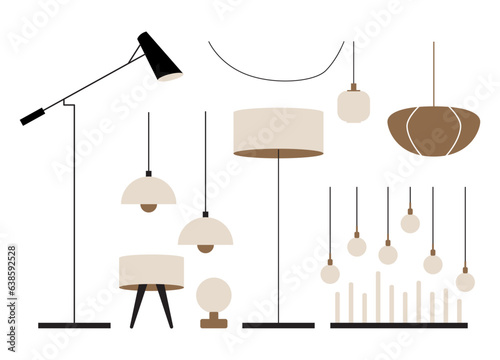 Vector set of different types of indoor lighting: pendant, ceiling light, spotlight, wall light, table shade lamps, reading lamp and floor lamp. Flat style illustration isolated on white background