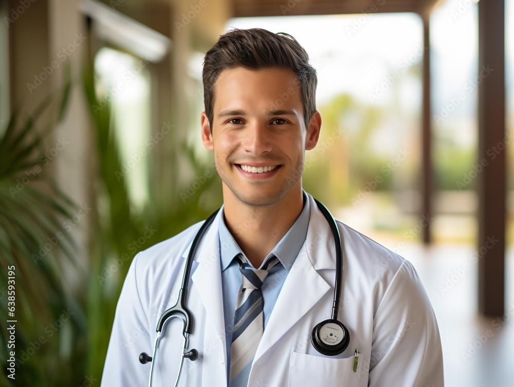 Portrait of friendly male doctor in workwear with stethoscope on neck Portrait of friendly male doctor in workwear with stethoscope on neck