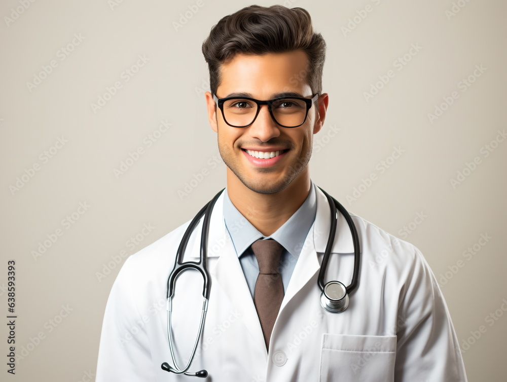 Portrait of friendly male doctor in workwear with stethoscope on neck