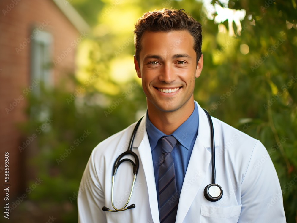 Portrait of friendly male doctor in workwear with stethoscope on neck Portrait of friendly male doctor in workwear with stethoscope on neck