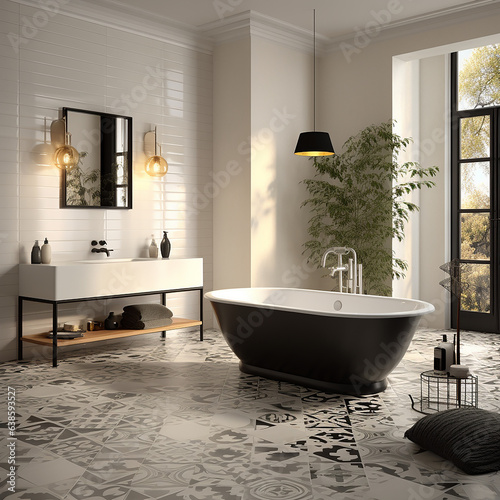 Modern black and white bathroom with bathtub and vintage flooring tiles.