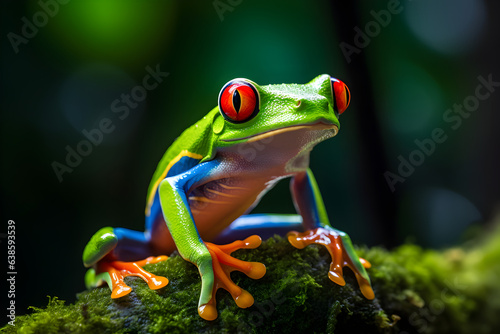 A Red-Eyed Tree Frog Rests On A Mossy Rock