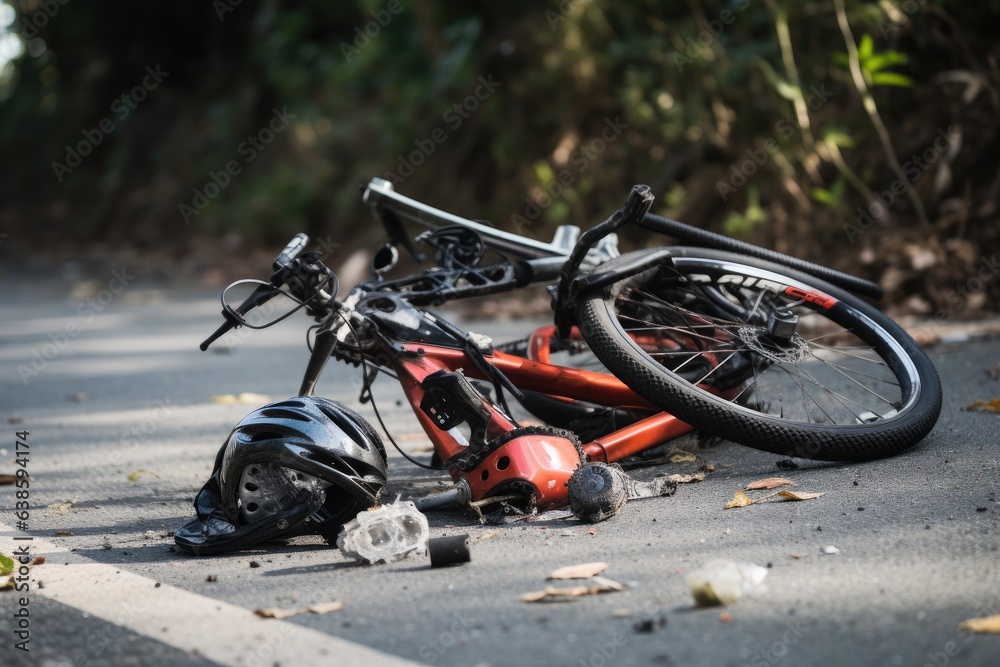 Broken bicycle on the road. Accident in the road. Bicycle crash road accident with broken bike and helmet, AI Generated - obrazy, fototapety, plakaty 