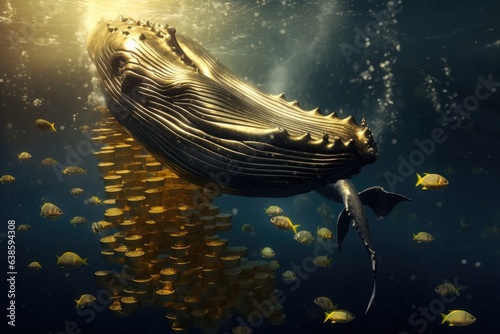 Underwater scene with a whale and fishes. 3d render. Big whale eating thousands of golden coins of Bitcoin in the ocean underwater, AI Generated