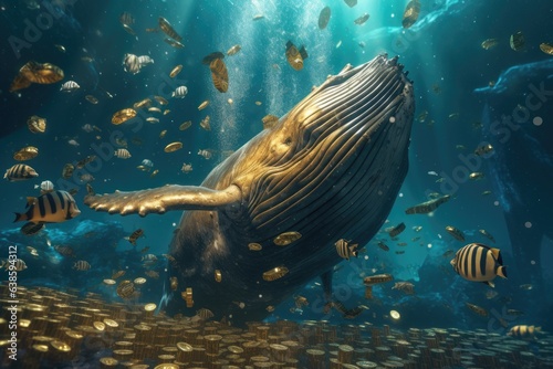 Underwater scene with whale and fish. 3D render illustration. Big whale eating thousands of golden coins of Bitcoin in the ocean underwater, AI Generated