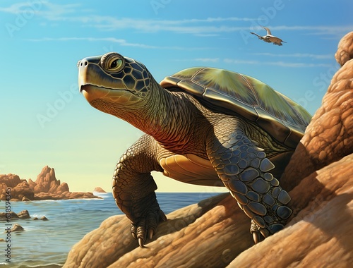 Turtle on the seashore. 3D rendered illustration.