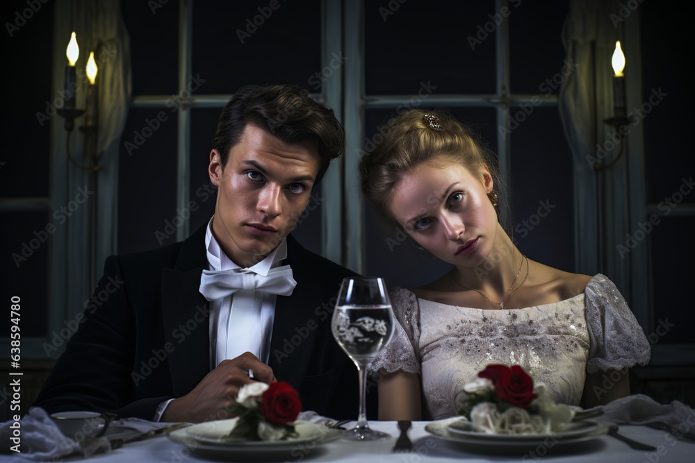 young couple having romantic dinner looking at camera young couple having romantic dinner looking at camera
