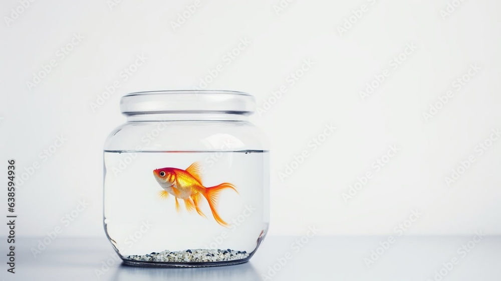 The goldfish in a glass jar isolated on a white background. Created using generative AI technology. The goldfish in a glass jar isolated on a white background. Created using generative AI technology.