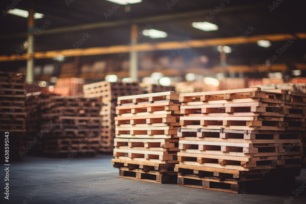 Wooden pallets stacked in a warehouse on blurred background. Generative AI Wooden pallets stacked in a warehouse on blurred background. Generative AI