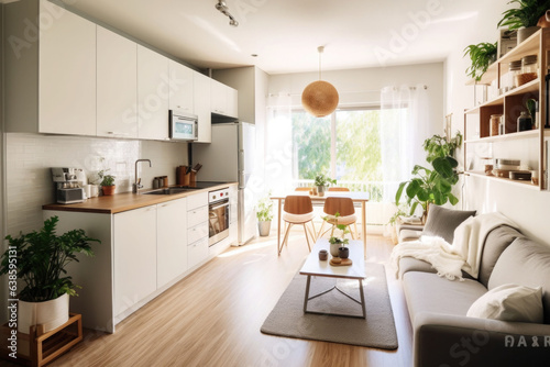 An interior in scandinavian style. Small living room and kitchen. Generative AI