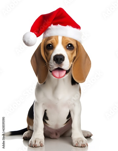 beagle dog wearing christmas hat and panting on white background © Gorilla Studio