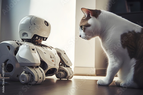 The white-brown cat looks and studies the white robot on the floor. The concept of using a robot in everyday life. Technology of the future. photo