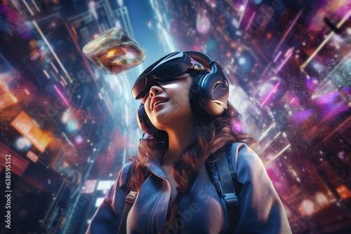 Woman with virtual reality headpiece in metaverse like space