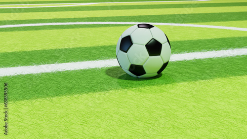 The ball on the football field close-up. 3D visualization.