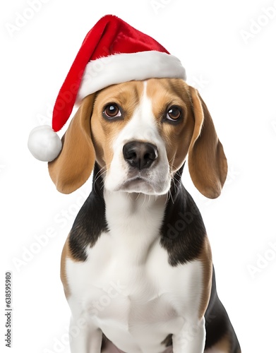 Beagle dog with christmas hat looking at camera isolated on white background © Gorilla Studio