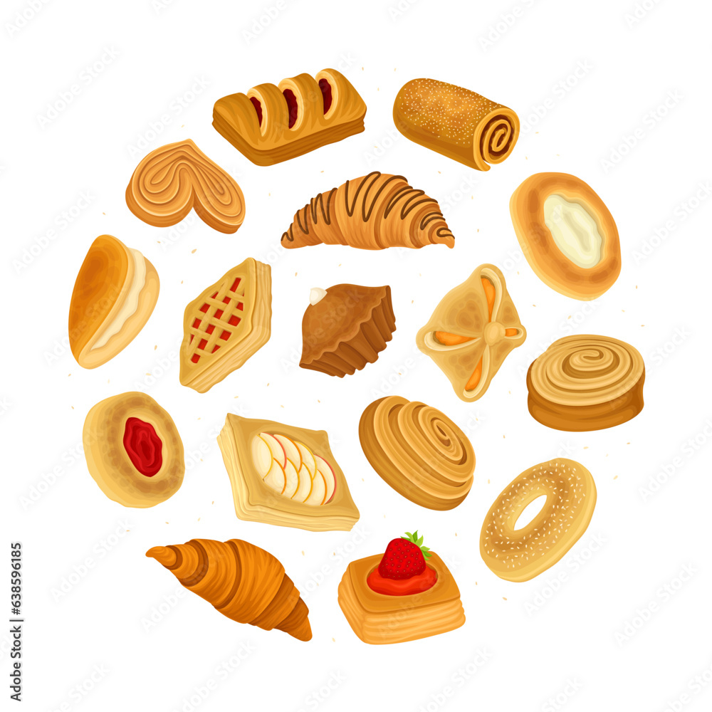 Baked Product Round Composition Design with Sweet Bun and Pastry Vector Template