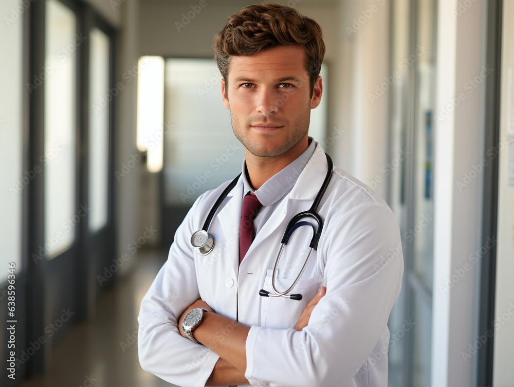 Portrait of friendly male doctor in workwear with stethoscope on neck Portrait of friendly male doctor in workwear with stethoscope on neck
