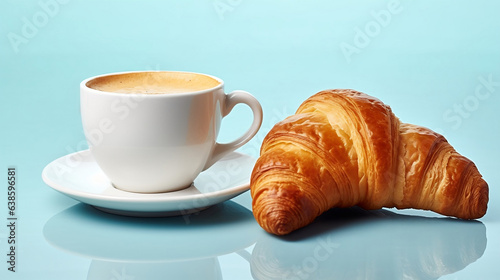 coffee and croissant, blue background