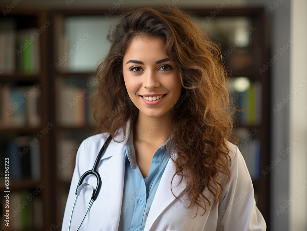 Portrait of friendly female doctor in workwear with stethoscope on neck Portrait of friendly female doctor in workwear with stethoscope on neck