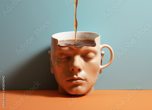 Cup of coffee with splashes in the form of a human head face on blue background. Concept of emotional burnout, fatigue, artificial energy and office work. AI generated.