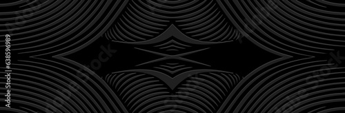 Fototapeta Naklejka Na Ścianę i Meble -  Banner, cover design. Embossed ethnic 3D boho pattern of lines. Black background, geometric ornaments with minimalist elements. Tribal flavor of the East, Asia, India, Mexico, Aztec, Peru.
