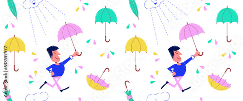 Seamless pattern with a cute male character. Retro character of a man with an umbrella. Vector background in vintage style. Aesthetics of the 60s, 70s.