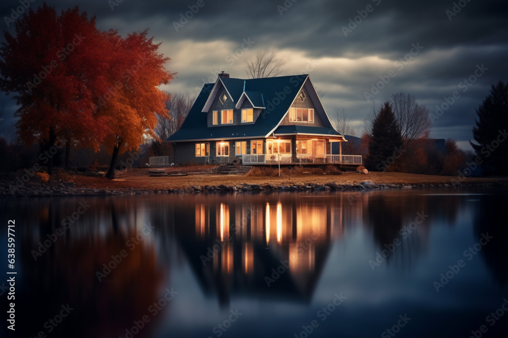 Obraz premium Beautiful sunrise over a lake with wooden house.