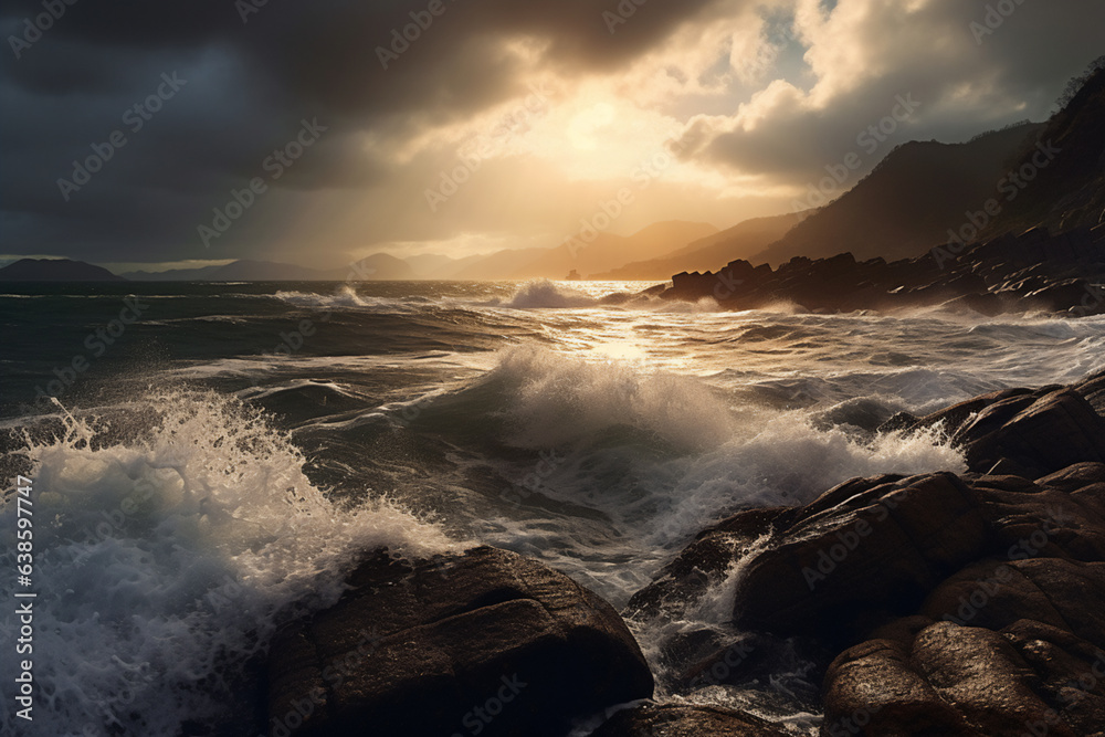 Fototapeta premium Beautiful sunset over the sea. Dramatic sky