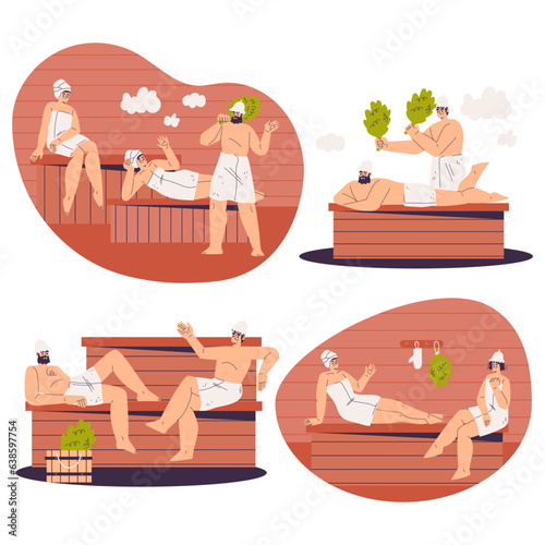 People Characters Bathing in Sauna and Taking Steam Bath Vector Set