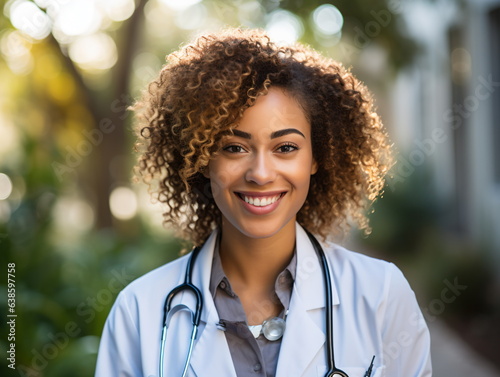 Portrait of friendly female doctor in workwear with stethoscope on neck